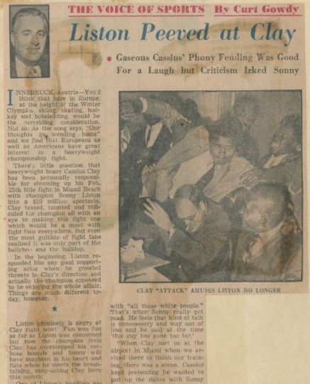 Newspaper clipping about Muhammad Ali (then Cassius Clay) really starting to bother Sonny Liston with his antics ahead of their fight on February 25, 1964.