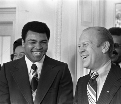 Black and white photo of Muhammad Ali with President Gerald Ford