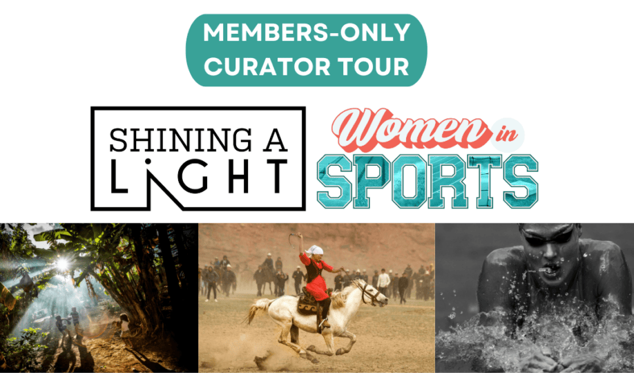 Text "Members Only Curator Tour" with "Shining a Light" and "Women in Sports" logos